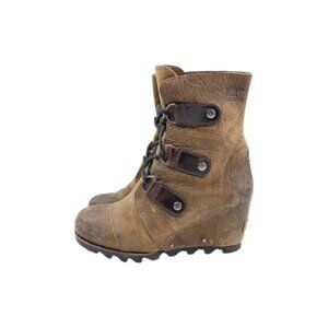 Sorel Women's Brown Joan Of Arctic Mid Wedge Leather Ankle Bootie Size 7.5